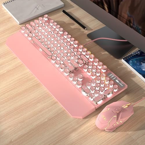 Typewriter Mechanical Gaming Keyboard and Mouse Combo, Retro Punk Round Keycaps RGB Rainbow Backlit Wired Keyboard for Game and Office, for Windows Laptop PC, Red Switches(Pink)