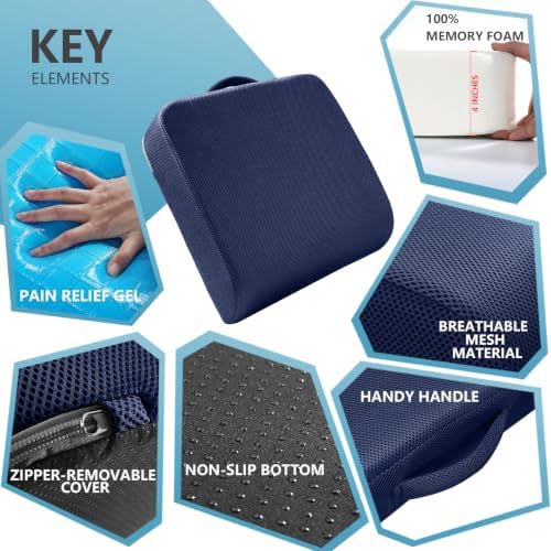 YOUFI Extra Thick Large Seat Cushion, Gel Memory Foam Cushion with Carry Handle Non Slip Bottom, Pain Relief Coccyx Cushion for Wheelchair Office Chair (Navy Blue, 19" x 17.5" x 4")