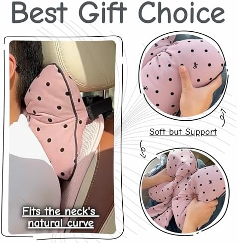 2PCS Chic Car Headrests with Bow-Shaped Cotton Linen Bowknot Neck Pillows for Cozy Road Trip & Cute Interior Decoration (Pink Polka)