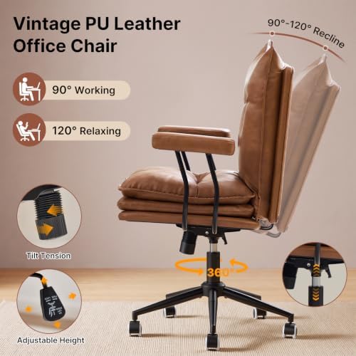 Leather Office Chair,Detachable Armrests,360°Swivel Mid Century Modern