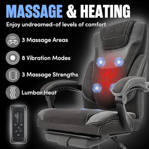 Office Chair with Foot Rest, 6-Point Vibration Massage & Heat Executive Office Chairs, Ergonomic Desk Chair for Heavy People, Big and Tall Office Chair 500LBS, Recliner with Padded Armrest, BlackGrey