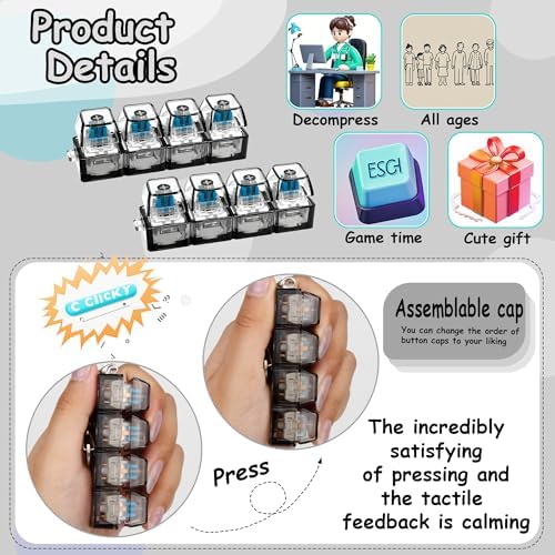 2 PCS Keyboard Fidget Toy, Keyboard Fidget Keychain 4-in-1 Keyboard Decompression Button Finger Clicker Toys, Button Stress Relief Fidget Gifts to Relief Stress (Transparent Black)