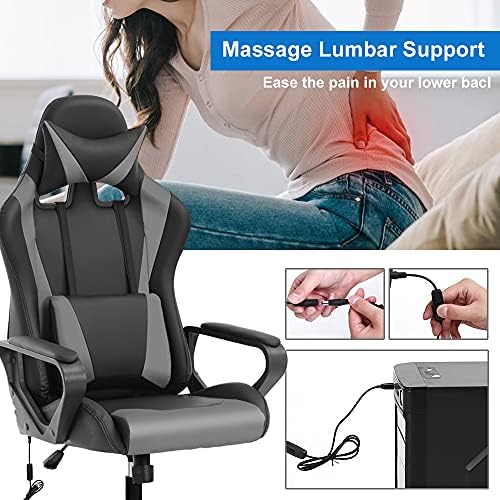Dkeli PC Gaming Chair Office Chair Racing Desk Chair with Lumbar Support Arms Headrest Massage High Back PU Leather Ergonomic Computer Chair Rolling Adjustable Swivel Chair for Women Men Adult, Grey