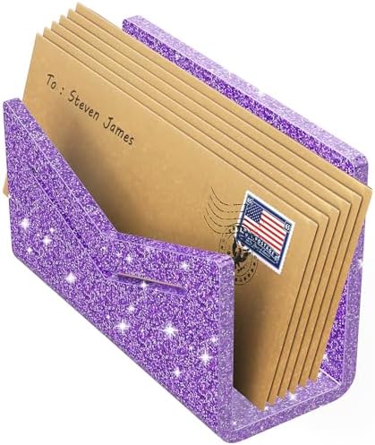 Beego Envelope and Mail Organizer Countertop - Glitter Purple Acrylic Desk Organizer Letter Holder Desktop File Sorter Bill Document Folder Rack for Office, Home, School Desk Organization