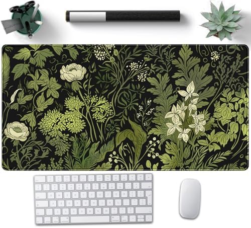 Floral Desk Mat Green Leaves Plant Desk Pad Matt for Desktop Large Gaming Mousepad XXL Full Desk Mouse Pad Computer Keyboard Mat Deskmat Aesthetic Office Desk Decor 31.5 X 15.7 Inch