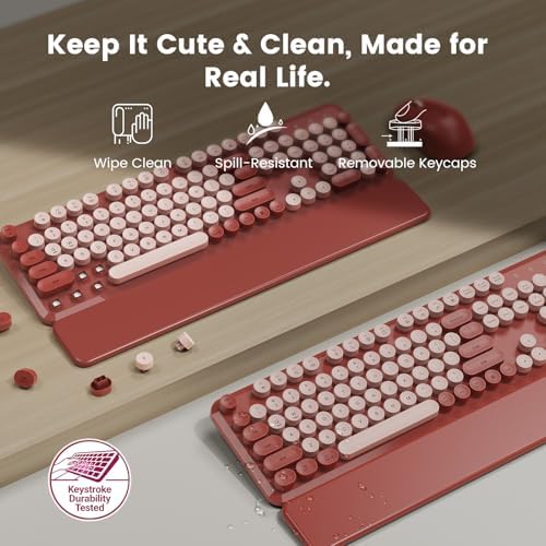 Wireless Keyboard Mouse Combo, Magnetic Wrist Rest, Round Keycaps, Wine Red