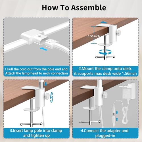 LED Desk Lamp with Clamp, Double Head for Dual Screen, 4 Color Modes,White