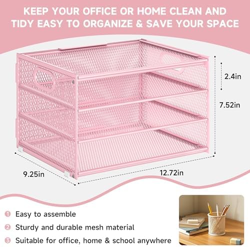 4 Tier Paper Letter Tray Pink Desk Organizer for Desk,Pink File Organizers