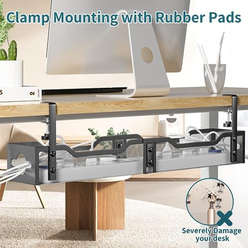 Under Desk Cable Management Tray Black, Litwaro Cable Management Under Desk No Drill, 25'' Cable Tray with Clamp for Wire Management, Cord Organizer for Office, Home - No Damage to Table