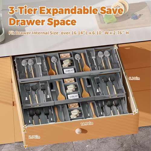 3 Tier Drawer Organizer Versatile Expandable Junk Drawer Organizer Grey