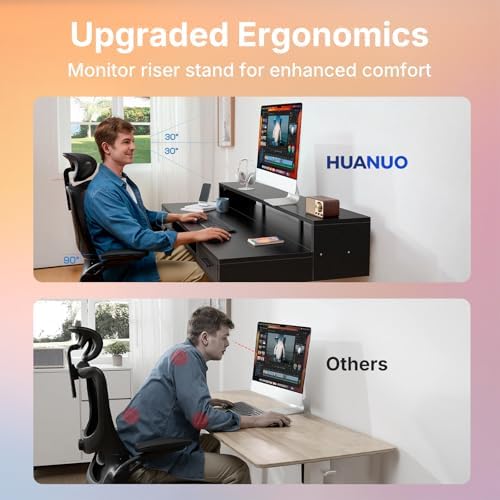 HUANUO 48″ X 26″ Electric Standing Desk with 2 Drawers &24.4″ Large Keyboard Tray, C-Clamp Mount Compatible, Adjustable Computer Desk for Office, Sit Stand Up Desk with 4 Height Presets, Black