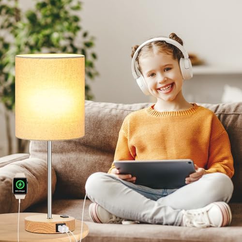 Lynnoland Set of 2 Touch Wood Table Lamps, Bedroom Lamps with 2 USB AC Outlet, 3-Way Dimmable Bedside Nightstand Lamps for Bedroom Living Room Nursery, 800 Lumens 2700K Bulbs Included