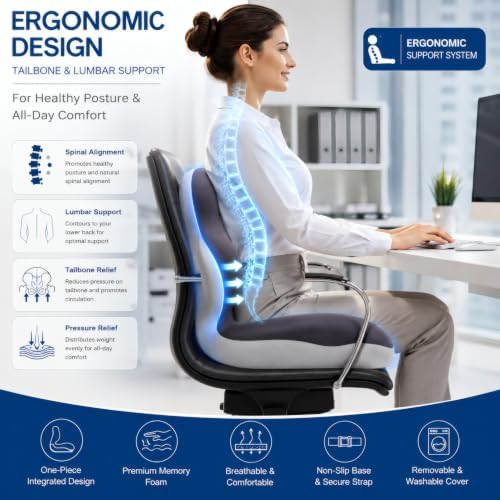 Ergonomic L-Shaped Memory Foam Seat Cushion with Lumbar Support, One-Piece Office Chair Cushion for Tailbone, Hip & Lower Back Pain Relief, Car Seat, Truck, Wheelchair & Home, Gray