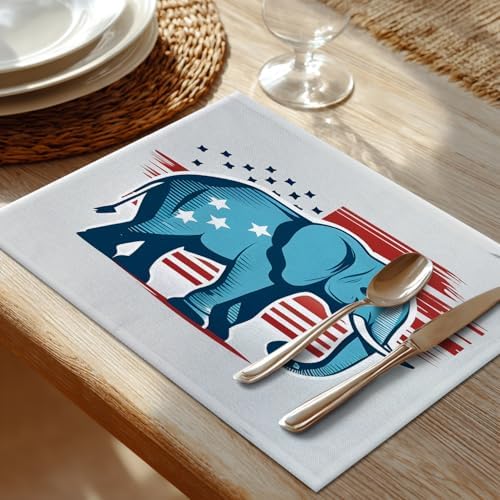 Shrahala American Flag Set of 6 12 X 18 Inch Linen Placemats, Stars and Stripes Elephant Burlap Table Mat Washable Double Layered Heat Insulation for Indoor/Outdoor