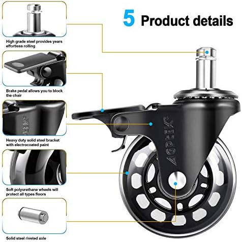 AGPtEK Locking Office Chair Casters with Brake, Heavy Duty, 2.5", Set of 5