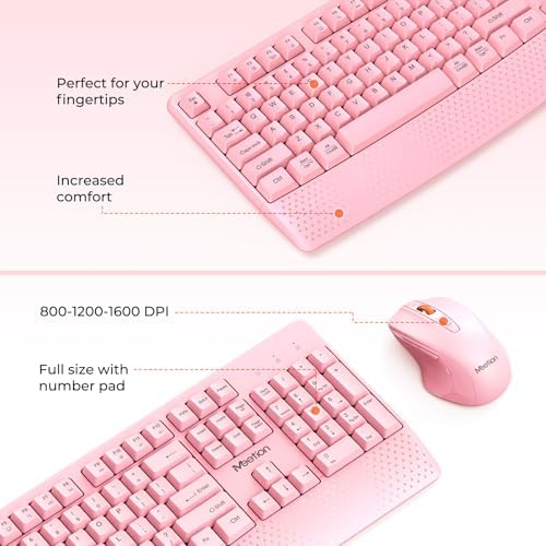 MEETION Wireless Keyboard and Mouse Combo, Full-Size with Wrist Rest, Pink