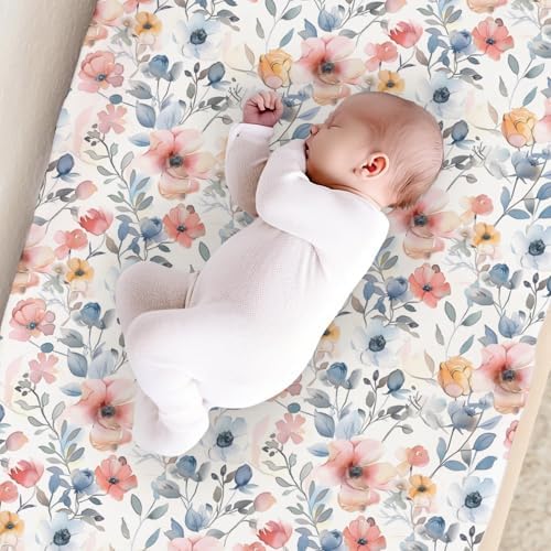 Colorful Watercolor Flowers Leaves Baby Changing Pad Cover, Unisex Floral Nursery Diaper Changing Table Pad Mat Sheet for Boys Girls-16x32