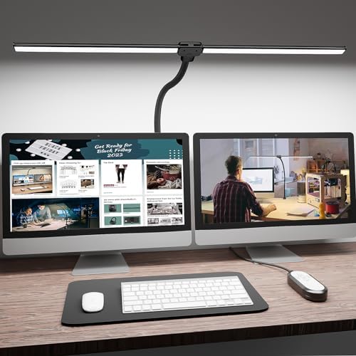ShineTech LED Desk Lamp for Home Office, 5000K Bright Double Head Architect Task Lamps with Clamp, Dimmable Adjustable Flexible, Black