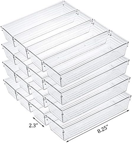 Kingrol 12 Pack Clear Drawer Organizers, 9 x 3 x 2 Inch Drawer Divider Storage Bins, Desk Storage Box Set for Kitchen Bedroom Bathroom Office Craft Supplies