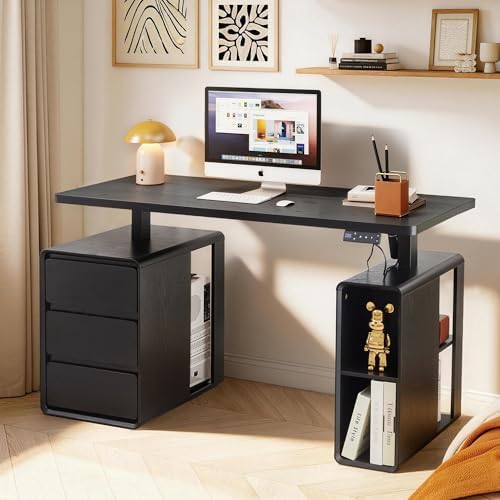 Electric Standing Desk with Drawers, 55" Office Desk Height Adjustable Executive Desk with Storage Shelves, Simple Setup Wood Desk Home Office Stand up Desk for Work, Study, Writing, Black