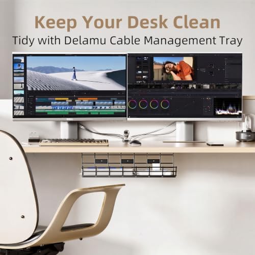 1 Pack DELAMU Under Desk Cable Management Tray, Large Metal Cord Organizer, Office & Home Cord Wire Management Under Desk Shelf, Easy Install Pre-drilled Cable Organizer, Black