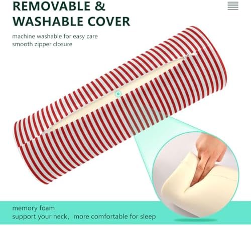Red White Stripes Neck Roll Pillow - Extra Dense Memory Foam Round Cylinder Bolster for Cervical Support, Spondylosis, Neck Pain Relief