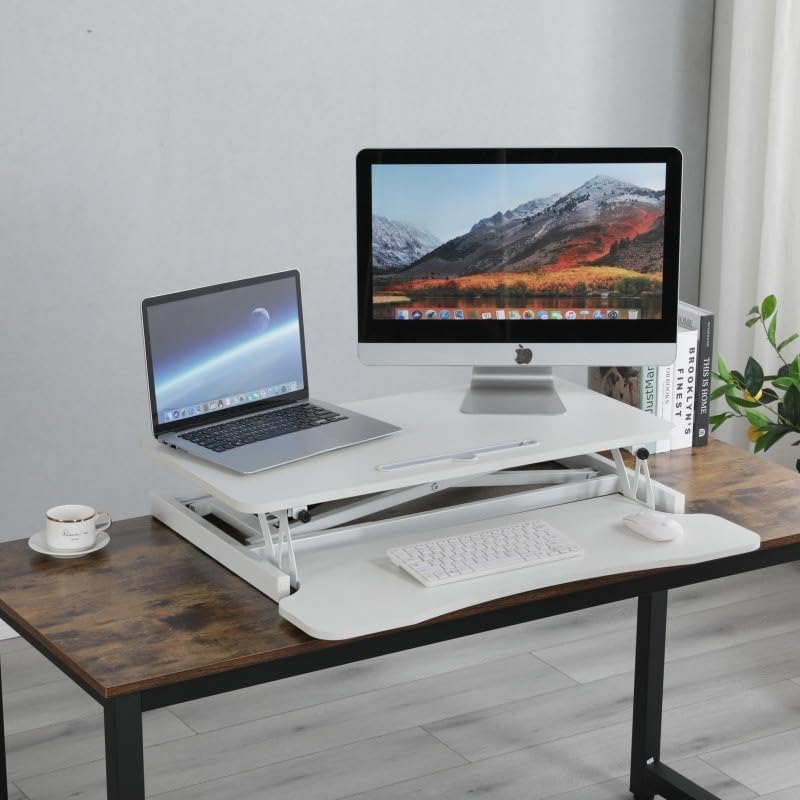 ALEVINE White Adjustable Standing Desk Converter with Keyboard Tray