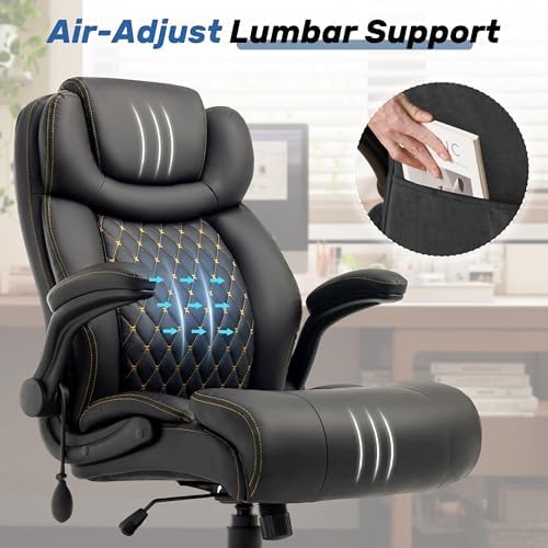 550LBS Big and Tall Office Chair, Comfy Heavy Duty Executive Chair with Adjustable Lumbar Support Double Spaces Casters, PU Leather Extra Wide Seat Ergonomic Computer Desk Chair for Back Pain, Black