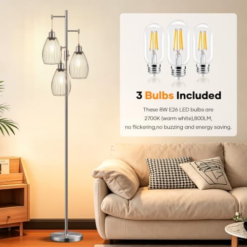 Nintiue Dimmable Floor Lamp, 3 x 800LM LED Edison Bulbs Included, Industrial Floor Lamp Standing Tree Lamp with Elegant Teardrop Cage Heads Tall Lamps for Living Room Bedroom-Brushed Nickel