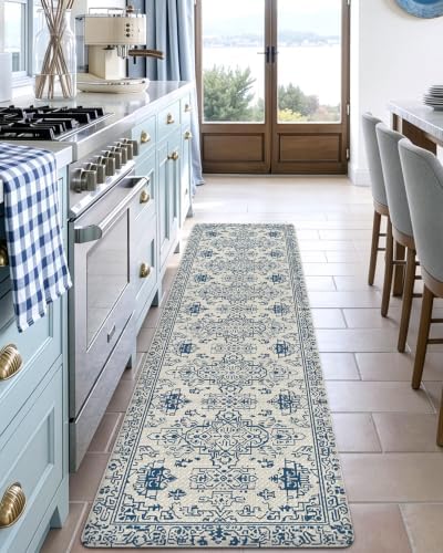 DEXI Kitchen Floor Mats Cushioned Anti Fatigue Runner Rug Blue and White