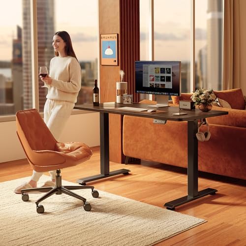 FEZIBO 55 x 24 Inchs Electric Standing Desk, Height Adjustable, Sit Stand Up, Computer Office Desk with Splice Board, Black Frame/Black Walnut Top