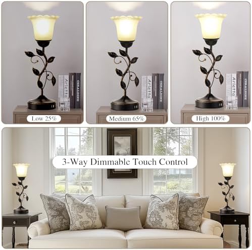 Set of 2 Touch Bedside Vintage Lamps with 2 USB C+A