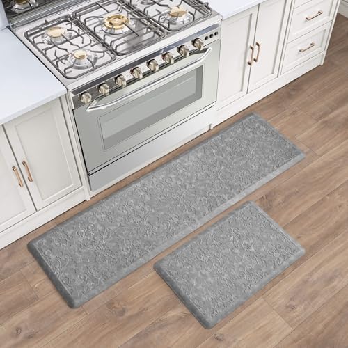 Chef Gear - Anti-Fatigue Wellness Kitchen Mat - Marni Design - Cushioned Comfort Chef Mat - Faux Leather - Cooking & Standing Relief -Skid-Resistant - Set of 2-17.5"x 60"/ 17.5"x28"- Grey