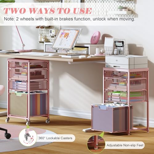 Sbanmao 4 Drawer Rolling File Cart Under Desk Storage, File Cabinets for Home Office, Mobile Filing Cabinet, Hanging File Organizer with Wheels, Utility Cart Printer Stand, Pink