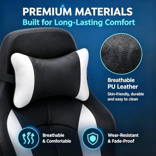 Ergonomic Gaming Chair - High Back Office Desk Chair with Lumbar Support & Flip-Up Arms, PU Leather Computer Swivel Task Chair, Adjustable Headrest Executive Racing Style Chair for Adults-White