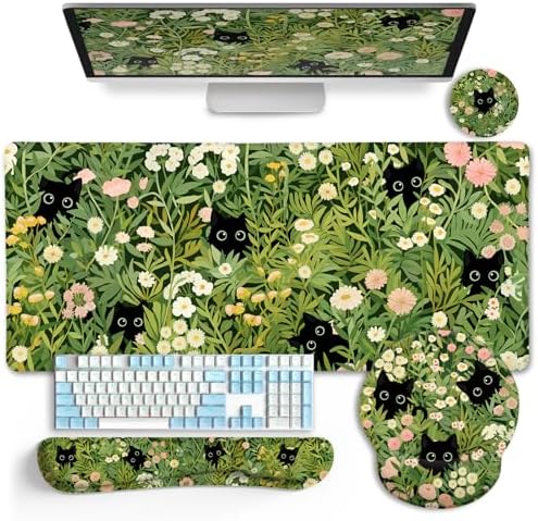 LIMKRIAN Cat Mouse Pad with Wrist Rest, Green Office Desk Accessories