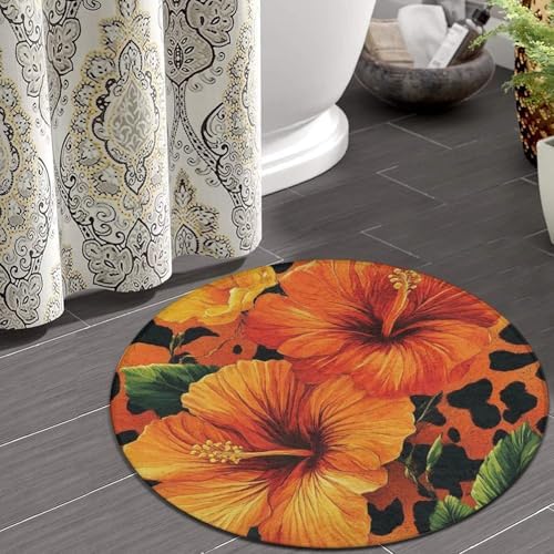 Large Round Area Rug Home Decor Modern Bathroom Rug Kitchen Office Circle Rug for Living Room Sofa Circle Cute Mat Orange Yellow Flower Floral Cheetah Leopard Print, 36inch