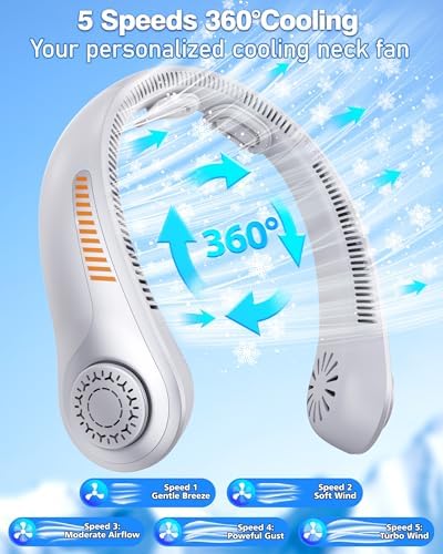 Portable Neck Fan - Rechargeable Personal Fan with Neck Support, 5000mAh, 5-Speed Quiet, Lightweight Long Lasting Bladeless Fan, Wearable Cooling Fan for Hot Flashes, Travel, Gifts for Men Women