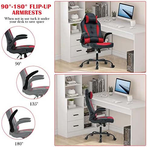 Red PU Leather Gaming Chair - Adults Ergonomic Desk Chair with Flip Up Arms, Swivel Reclining, Height & Backrest Adjustable, 300 Lbs