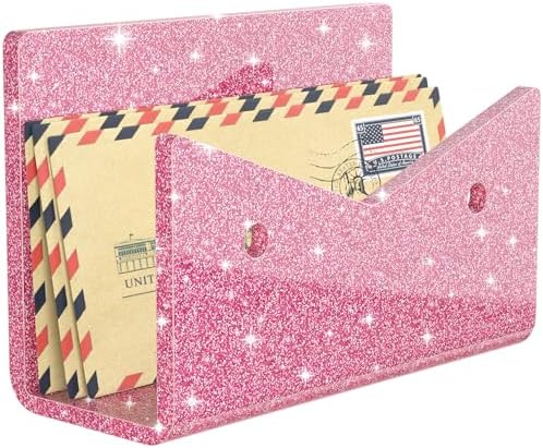Mail Organizer Envelope Holder - Glitter Pink Acrylic Mail Holder Countertop Vertical Desk Organizer Small File Bill Document Notebook Letter Sorter for Home School Office Supplies