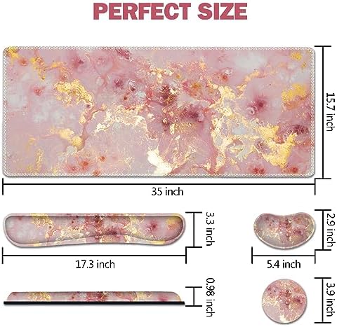 AIMSA Keyboard Mouse Pad Set, Large Gaming Mouse Pad +Wrist Rest Mouse Pad +Keyboard Wrist Support +Coaster, 35x15.7 inch Extended Desk Mat for Easy Typing Pain Relief (Pink Gilt Marble)