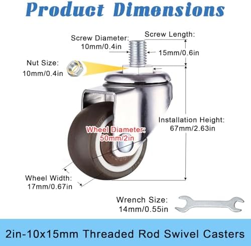 2" Office Chair Casters Wheels, 5-Pack, 10x15mm Threaded Stem Castor