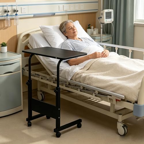 Standing Desk - Side Table Adjustable Height, Portable Laptop Cart, C-Shaped Bed Couch end Tables with Edge Stopper - Wheels for Living Room Bedroom Walking Pad Treadmill 23.6Inch Black