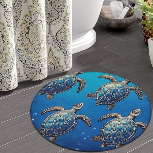 Fashion Round Area Rug Large Non Slip Carpet, Tribal Sea Turtles Unisex Home Decor Mat