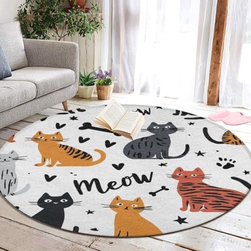 Large Machine Washable Circular Rugs, Home Decor Round Mat for Living Room Sofa Office Cute Cat Animals Pet