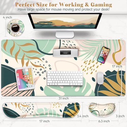 Gimars 4 in 1 Mouse Pad and Keyboard Wrist Rest Set, Large Mouse Pad with Memory Foam Wrist Support Pad for Desk with Coaster, Easy Typing Pain Relief, Gaming Office Home, 31.5x12 inch, Morandi Blue