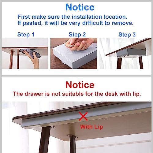 2 Pack Under Desk Drawer Self-Adhesive Desktop Storage Organizer, Hidden Attachable Slide Out Desk Drawer, Under Table Tray for Pencil Pen Stationery Office Organization, Gray