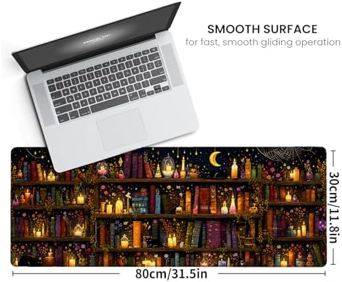 Library Gaming Mouse Pad,Gothic Large Desk Mat, 31.5x11.8x0.12in Extended Non-Slip Rubber Magic Candle Book Art Mousepad, Computer Deskmat Gifts, Laptop Mice Pads Decor for Office Home