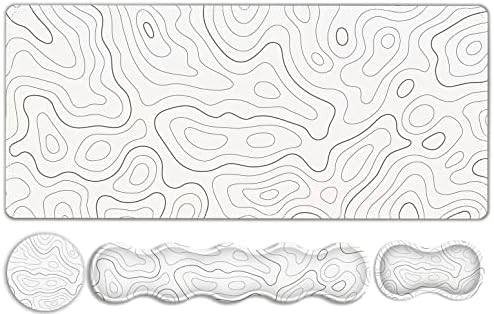 Gaming Mouse Pad Keyboard Wrist Support, 4 in1 Mousepad with Wrist Keyboard Rest, Computer Desk Mat, Non-Slip Desk Pad Protector with Memory Foam Easy Typing Pain Relief I White Topographic
