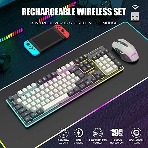 RedThunder K10 Pro Wireless Gaming Keyboard and Mouse Combo, RGB Backlit Rechargeable 3800mAh Battery, Mechanical Feel Anti-ghosting Keyboard + 7D 3200DPI Mice for PC Gamer(White Gray)